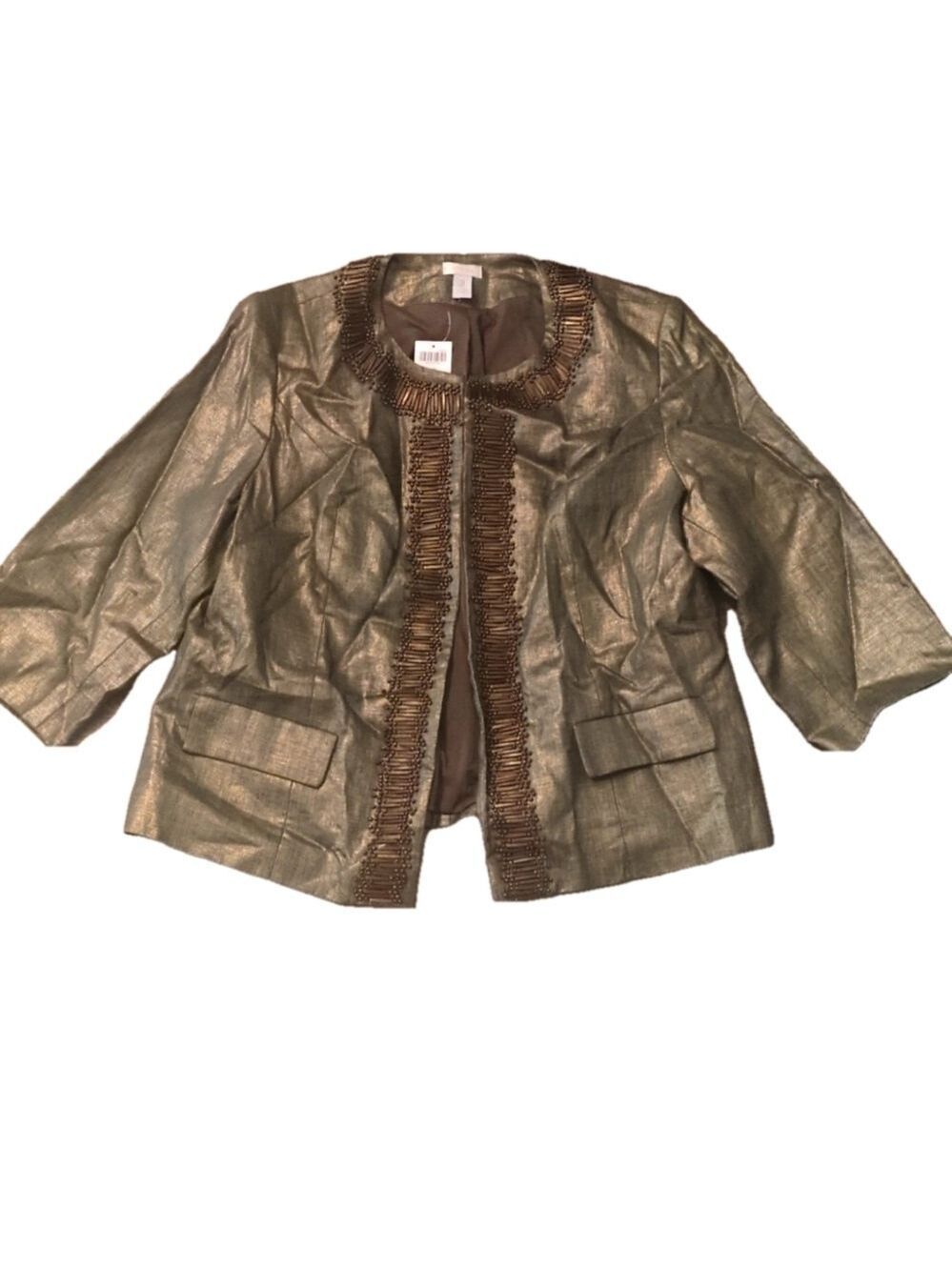 Chicos linen foil embellished 3/4 sleeve open jacket size 3